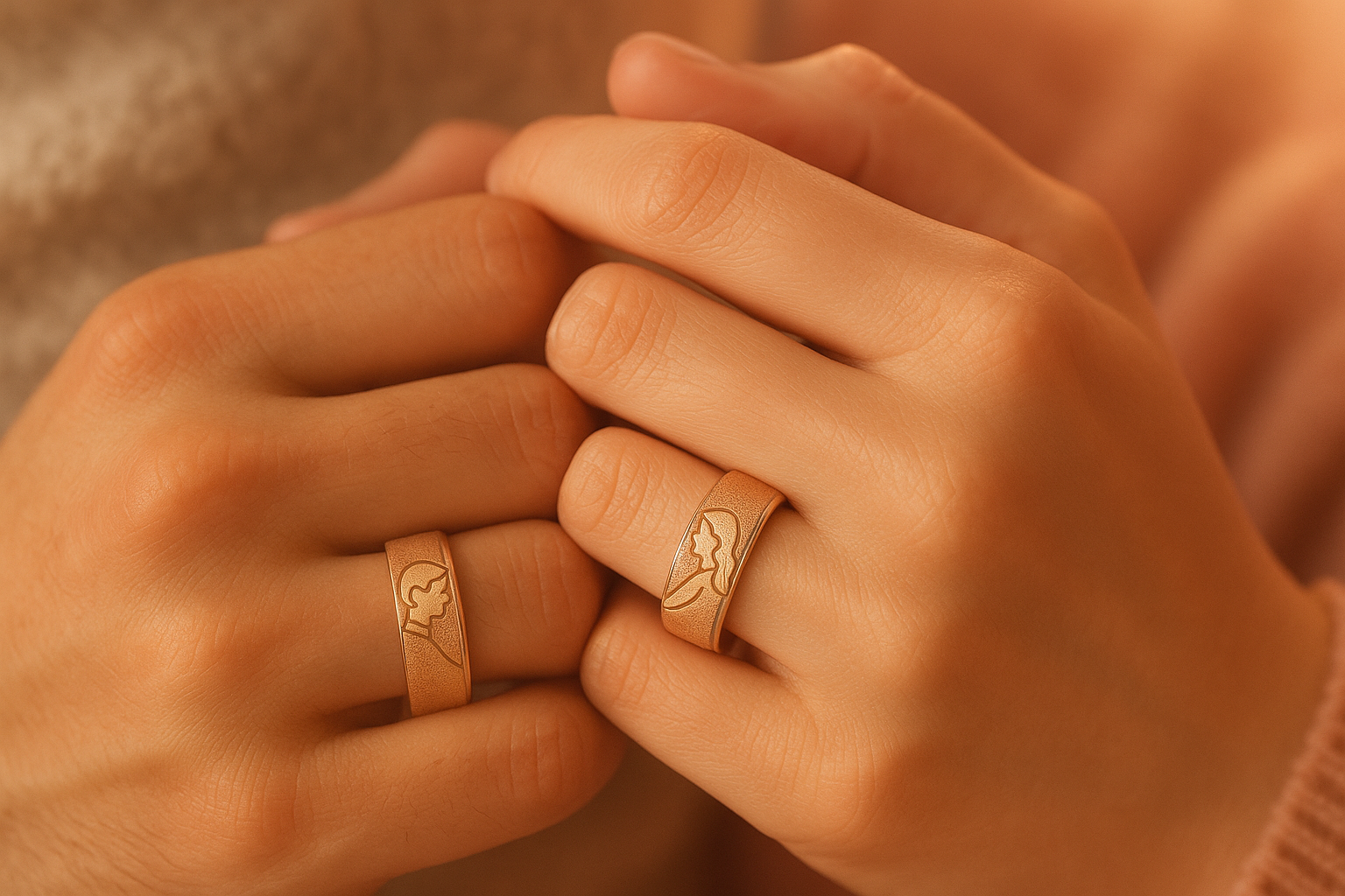 Couple rings worn on intertwined hands in romantic lighting