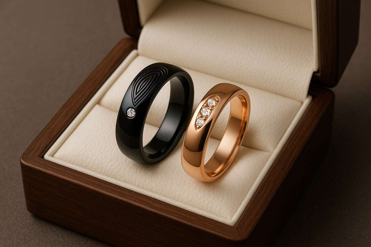 Couple's ring set with black and rose gold bands in jewelry box