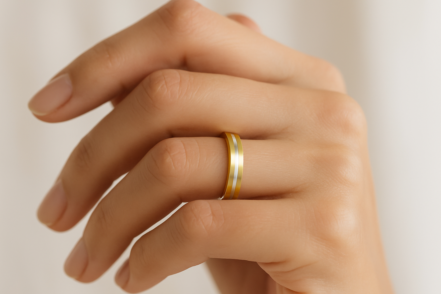 Gold wedding band ring being worn on hand