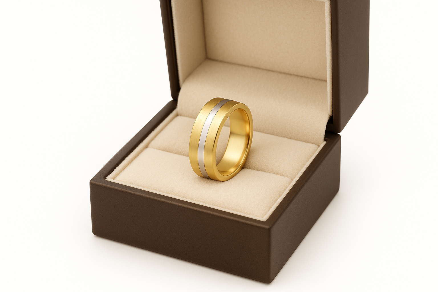 Gold wedding band ring in jewelry box and standing upright