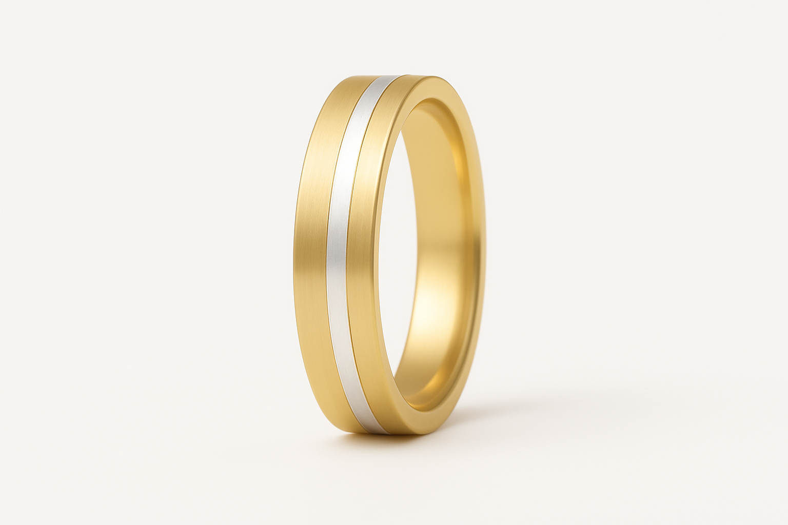 Gold wedding band ring standing upright on clean surface
