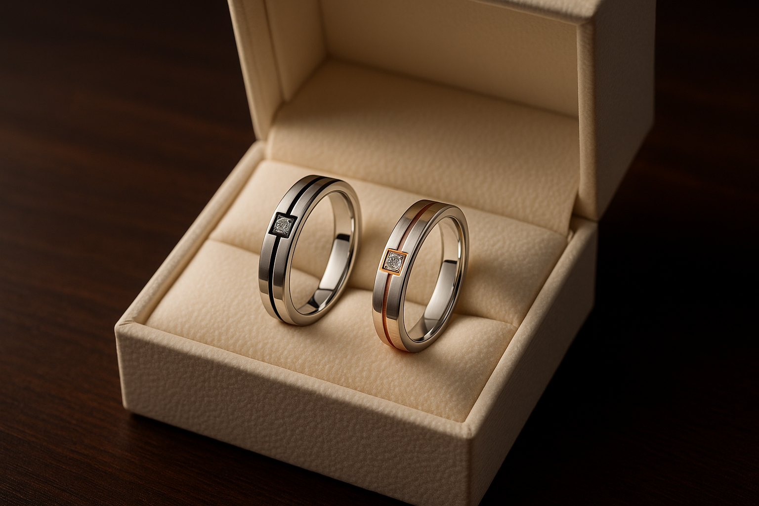 Matching wedding ring set in jewelry box