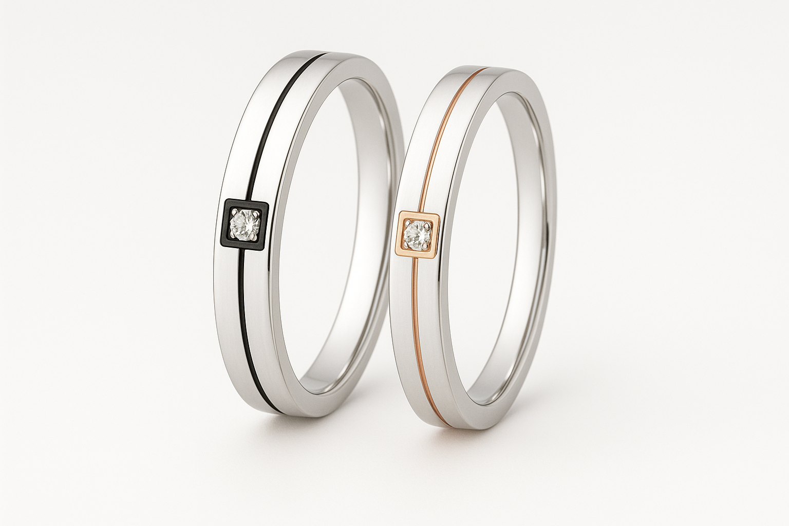 Matching wedding ring set standing upright
