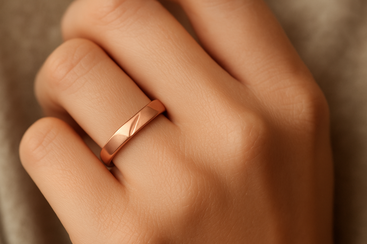 Rose gold ring shown on finger demonstrating how it looks when worn